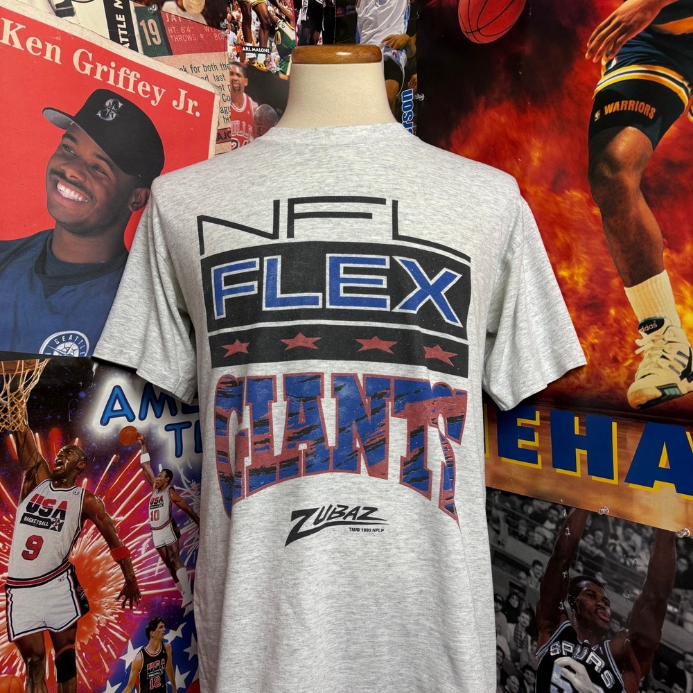 Thrashed Vintage 90s New York Giants NFL Flex Tee Zubaz Single Stitch Sz Medium